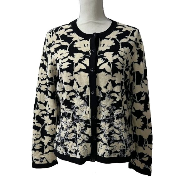 Amber Sun Black & Cream Floral Knit Beaded Cardigan Sweater Size XL - Picture 3 of 8